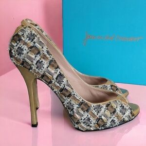 Jean-Michel Cazabat Tweed Printed Silver Gold Metallic Peep Toe Pumps 40 US 10